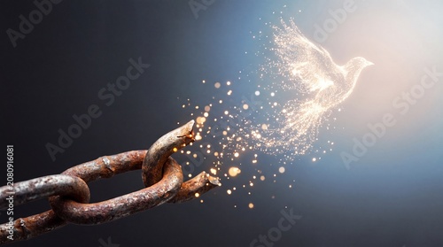 Broken rusty metal chain link transforming into a glowing golden bird silhouette made of sparkling light particles against a dark background symbolizing freedom liberation hope