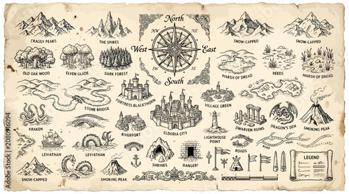Konstfotografi Fantasy Map Elements Illustration with Compass Roses, Mountains, Forests, Villag