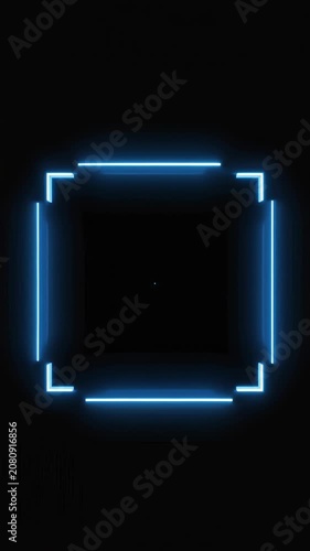 Glowing blue neon square frame with animated scanning lines on black background in seamless loop digital animation, ideal for technology interface concepts