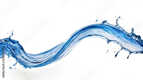 Elegant blue water swoosh with droplets on white background, ideal for purity, wellness and product design concepts.