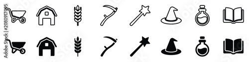 Obraz na plátně A set of stylized icons featuring a wheelbarrow, barn, wheat, scythe, magic wand