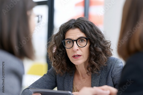 Serious businesswoman with glasses speaking during a team meeting, ideal for workplace communication and leadership concepts.