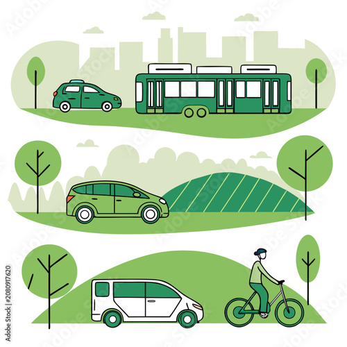Eco friendly public transportation and bicycle riding in green city landscape