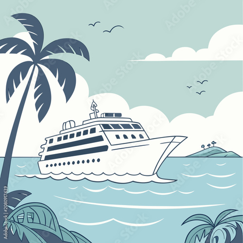 Cruise ship sailing near tropical island vacation destination with tropical