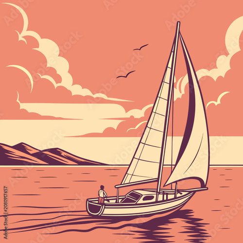 Sailboat sailing across calm sea at sunset with sailing boat, nautical vessel