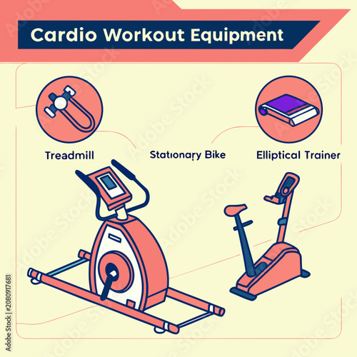 Cardio workout equipment illustration for gym with fitness gear, health club