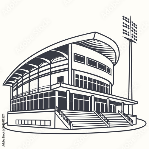 Modern cricket stadium building with floodlight tower outline illustration
