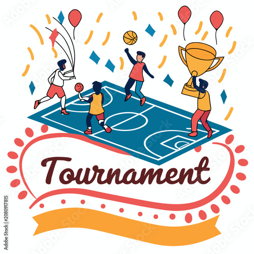 Basketball tournament celebration scene with players and trophy, basketball