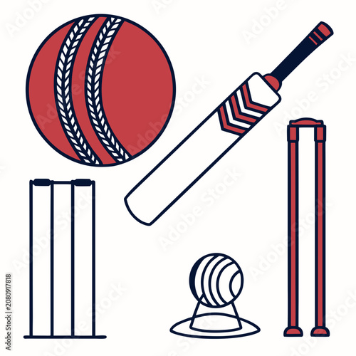 Professional cricket equipment set including ball bat and wickets with equipment