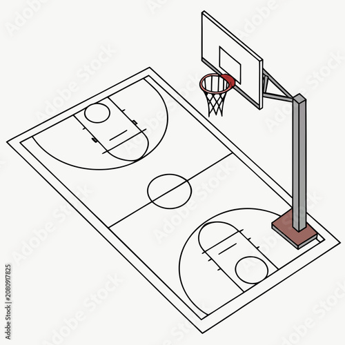 Isometric view of an empty basketball court with backboard and hoop, basketball