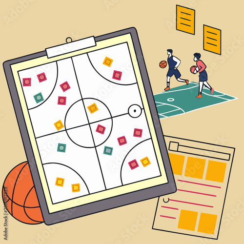 Basketball coaching tactics clipboard and strategy planning concept graphic