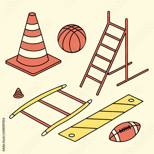 Collection of sports training agility equipment and field markers with training