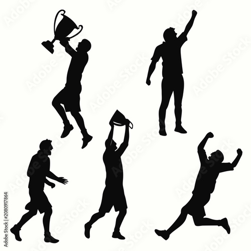 Set of celebrating athletes holding trophies winning concept silhouettes