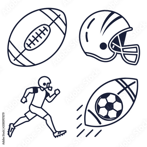 American football equipment and player icons set with football, equipment