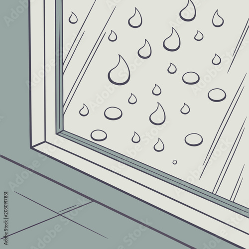 Raindrops on window pane glass surface with reflection background condensation