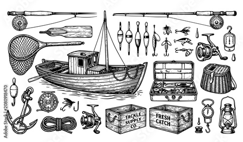 Fotografie Vintage fishing equipment vector illustration with rod reel net anchor lure and