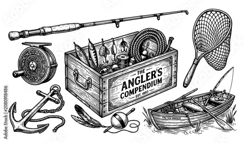 Tablou pe pânză Fishing equipment engraving vector artwork with rod reel anchor lure and boat is