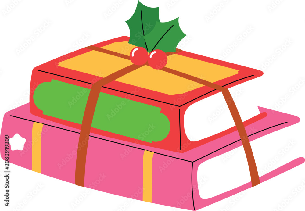 Fototapeta premium Stack of book with Ribbon for Christmas Gift, Colorful Books with Holly illustration