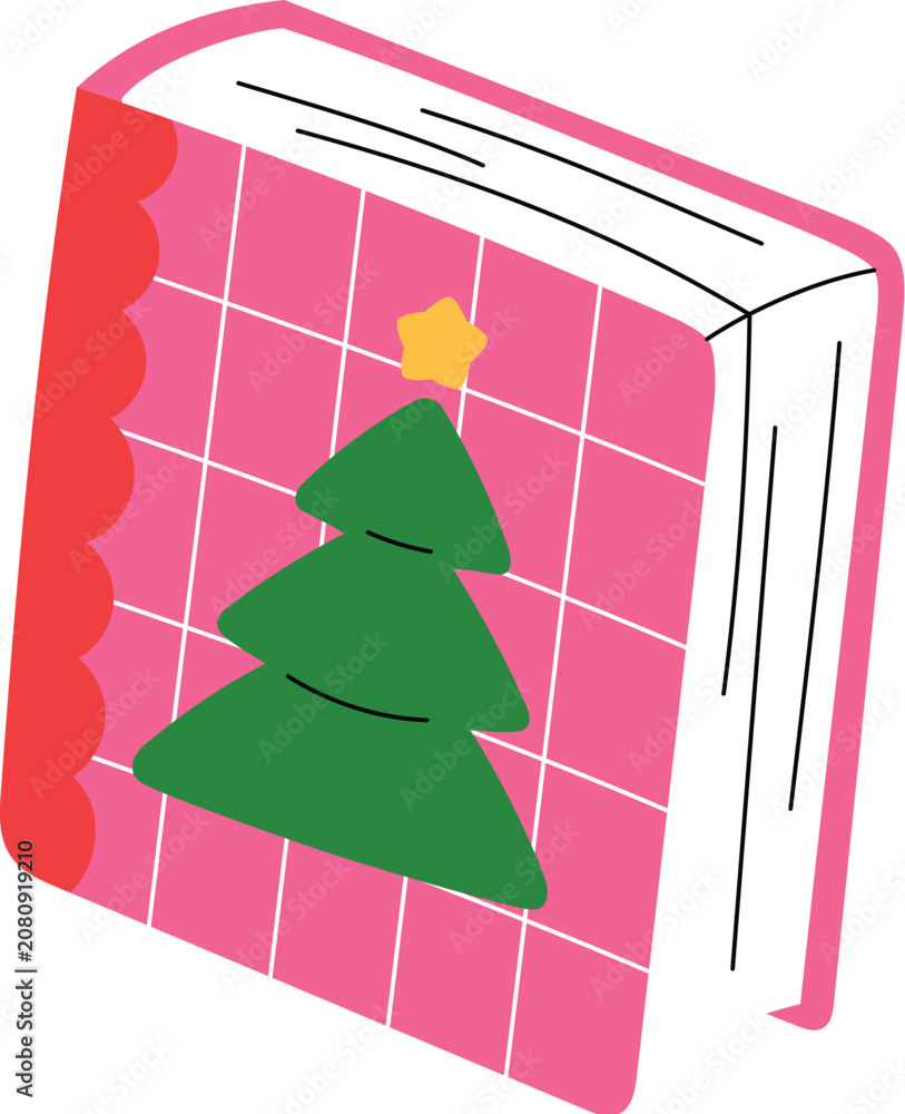 Fototapeta premium Pink Book with Christmas Tree on Cover, Whimsical Notebook for Child illustration