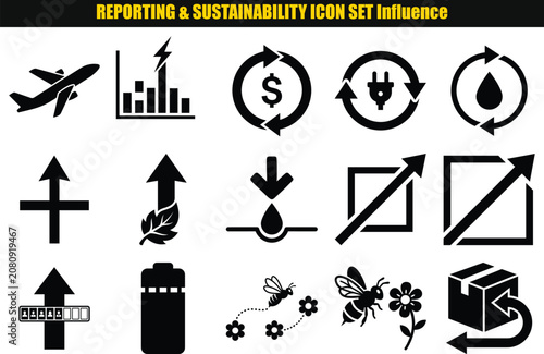 Collection of circular and linear pictograms representing concepts of finance energy and environmental stewardship pictogram dollar sign lightning bolt arrow