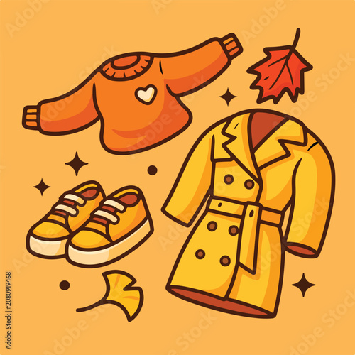 Autumn Outfit with Sweater Coat Shoes and Leaves Cartoon Vector