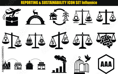Collection Of Reporting And Sustainability Pictograms With Scales Airplanes And Buildings airplane aircraft aviation building architecture factory industry impact influence
