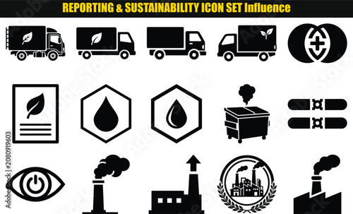 Collection of sustainability themed pictograms depicting trucks water droplets waste containers and industrial facilities environmental ecology truck delivery vehicle logistics