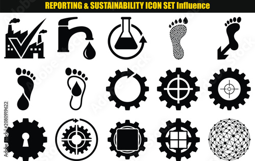 Collection Of Industrial Facility Water Drop Flask Footprint And Gear Pictograms In A Dark Style industry manufacturing chemical footprints footstep