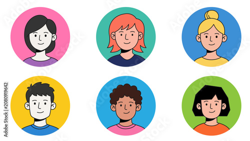 Diverse young people avatar icon set, collection of boys and girls portraits with different hairstyles in colorful circles for social media user profile