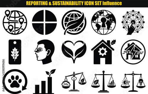 Collection Of Circular And Geometric Pictograms Representing Global Concepts And Environmental Awareness network earth depiction impact sustainability diagram shape world