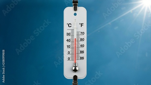 Classic mercury thermometer indicating high temperature under a bright sunny sky symbolizing hot weather and climate change