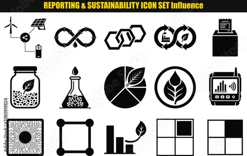 Collection of sustainability themed pictograms including wind turbine recycling symbol and leaf elements renewable energy solar panel circular economy reuse