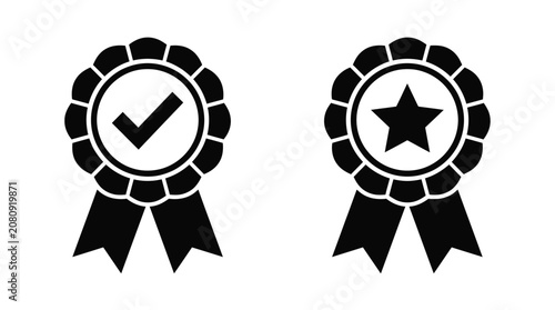 Ribbon award with checkmark and star black silhouette