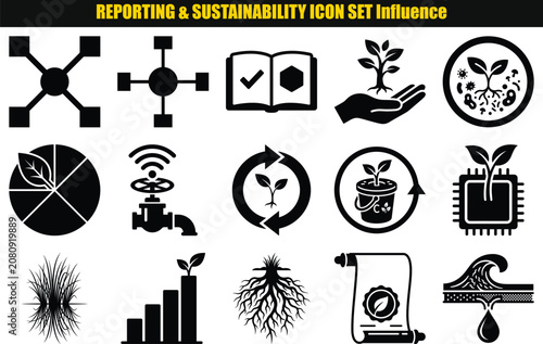 Collection of sustainability themed pictograms depicting networks growth and resource management in a monochromatic style plant seedling sprout leaf network