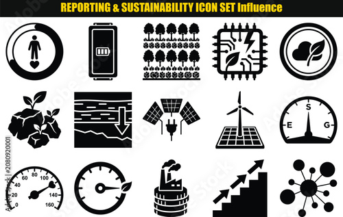 Collection Of Sustainability Pictograms Featuring Human Health Energy Sources And Environmental Monitoring ecological renewable conservation eco friendly green technology climate