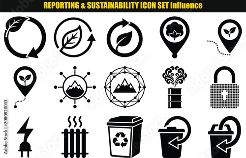 Collection of sustainability pictograms featuring recycling energy and environmental location markers pictogram circular arrow leaf motif cotton boll pin sprout