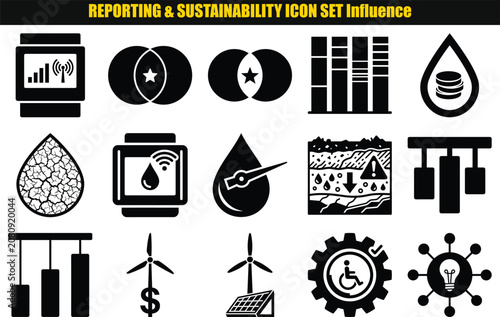 Reporting and sustainability influence a collection of stylized two tone pictograms representing environmental concepts data analysis statistics monitoring renewable energy