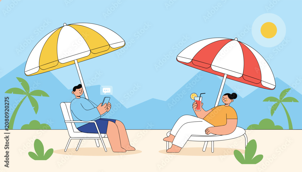 Fototapeta premium People relaxing on a beach under colorful sun umbrellas with cold drinks and phones on a sunny day during a summer vacation.