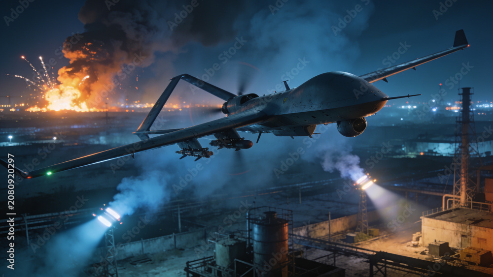 Fototapeta premium Night drone attack over a city with explosions, searchlights, and military UAVs during an armed conflict.