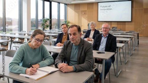 Diverse group of adult professionals attending a lecture in a modern classroom focusing on the future of innovation and professional development