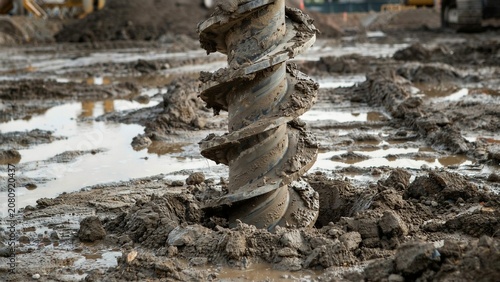 A heavy-duty auger drill bit emerges from muddy ground at a construction site symbolizing groundwork and industrial development