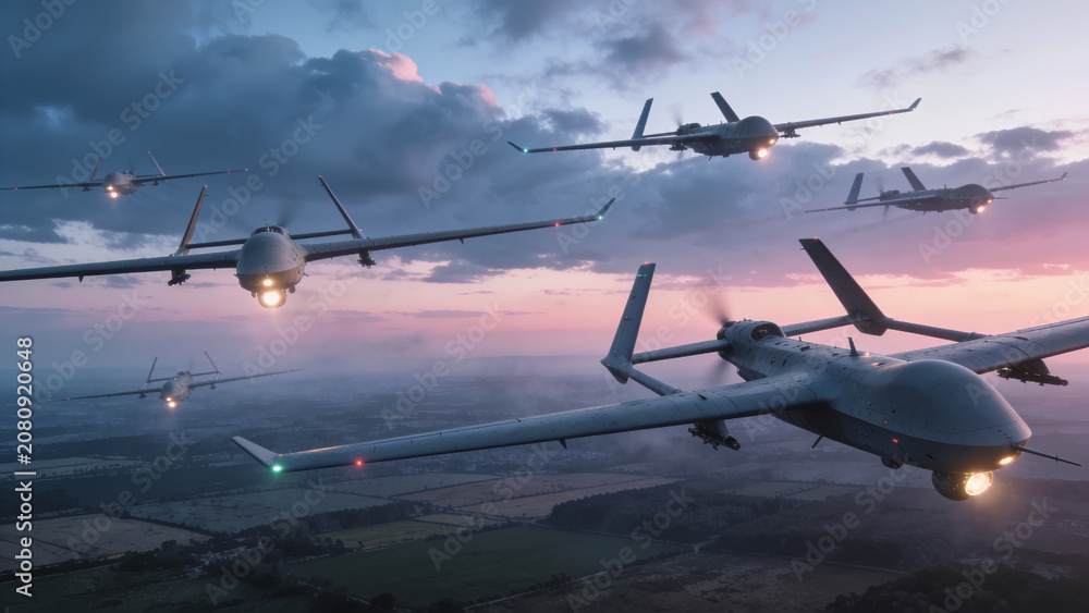 Fototapeta premium Military combat drones flying in formation during a coordinated aerial attack at sunset with missiles, explosions, and dramatic storm clouds.