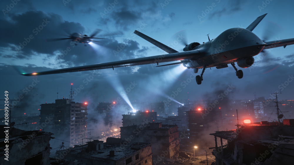 Fototapeta premium Night drone attack over a city with explosions, searchlights, and military UAVs during an armed conflict.