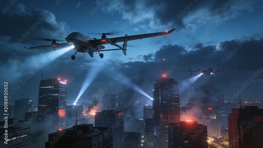 Fototapeta premium Night drone attack over a city with explosions, searchlights, and military UAVs during an armed conflict.