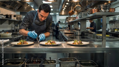 Professional chef meticulously plating gourmet dishes in a busy commercial kitchen highlighting culinary precision for fine dining