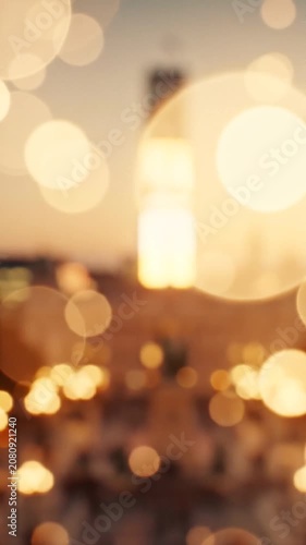 A Stunning Evening Scene Capturing the Lively Atmosphere and Iconic Monument in the Heart of the City, Awash in a Warm, Soft Glow as Night Falls