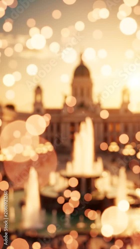 An Enchanting Sunset Scene Featuring a Grand Fountain and Architectural Splendor, Illuminated by Warm Lights, Evoking a Magical Atmosphere of Serenity