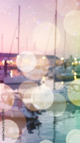 A Serene Evening at the Marina: Gentle Waves Reflecting Soft Lights from Boats and Distant Shorelines under a Twilight Sky