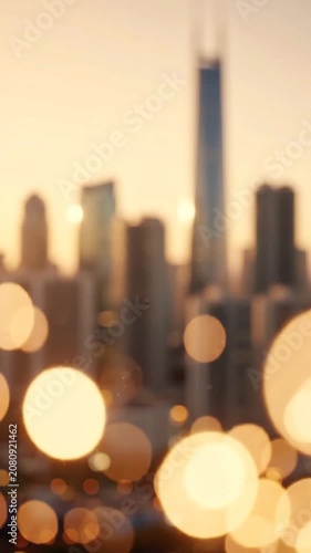 Captivating Glow of Urban Skyline at Dusk: A Serene Fusion of Light and Shadow with Beautiful Bokeh Effects to Envelop the Cityscape in Warm Radiance