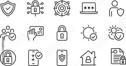 Cybersecurity and data protection icon set with shield lock password and privacy line vectors for digital safety networkCybersecurity and data protection icon set with shield lock password and privacy